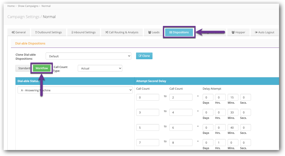 Click Dispositions tab and Workflow - Camp Settings.png