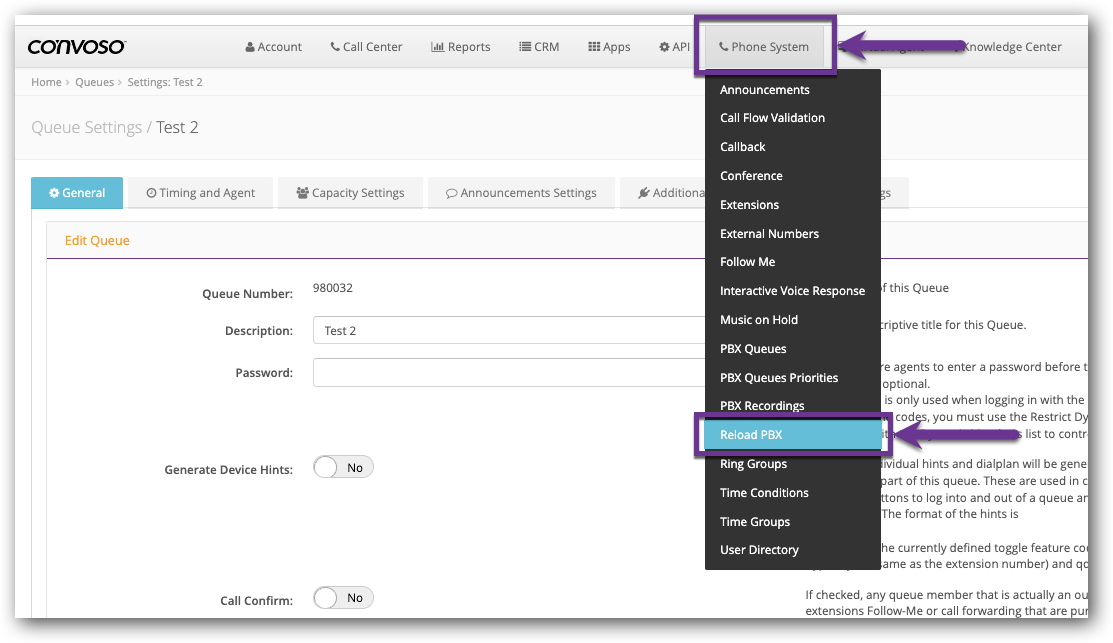 Click Reload menu Option - PBX Queues.png