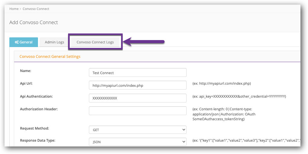 Click Convoso Connect Logs tab - Add Connect.png
