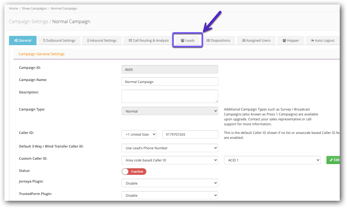 Click the Leads tab - Camp Settings.png