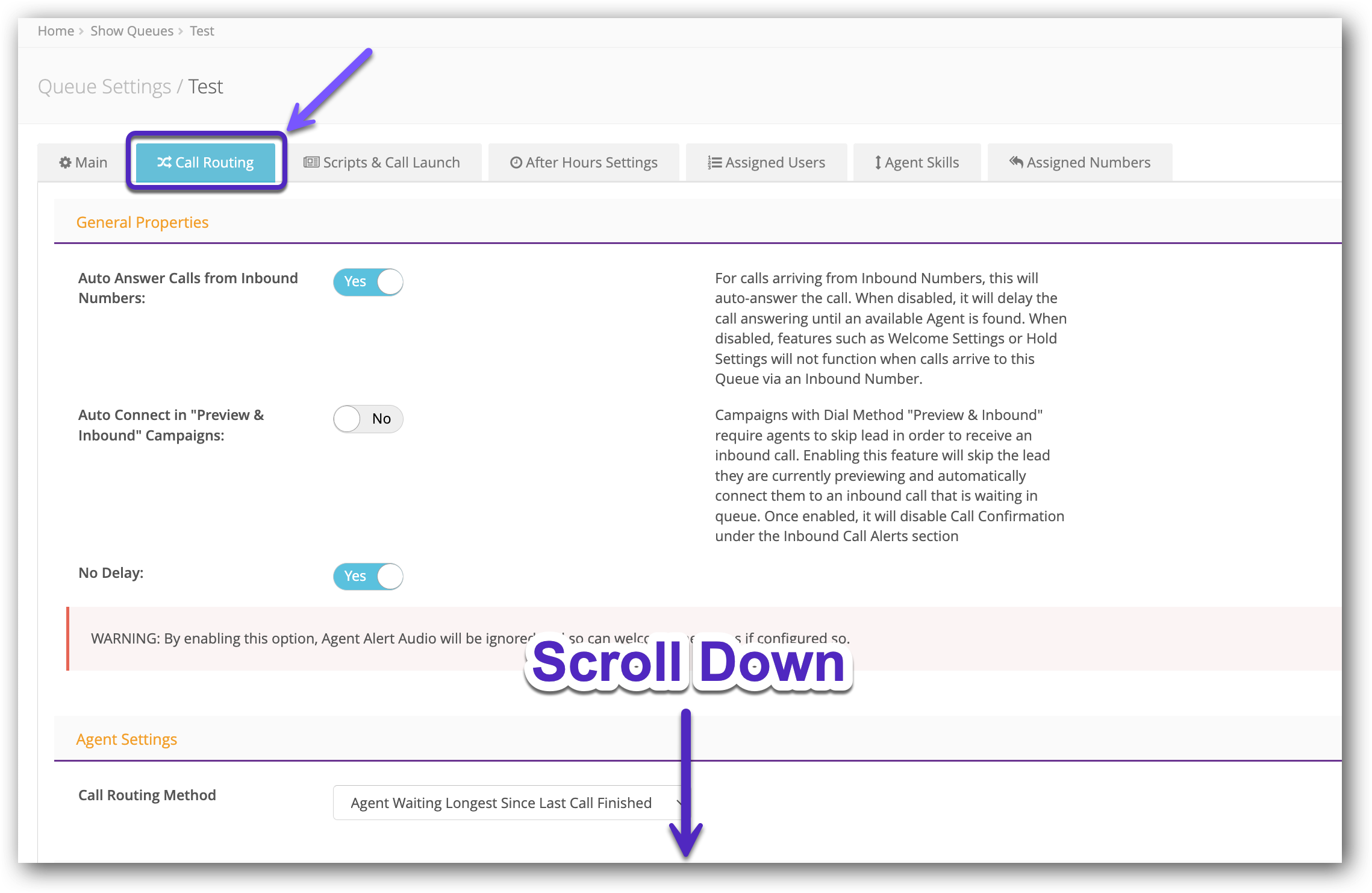 Scroll Down Call Routing tab Queue Settings.png