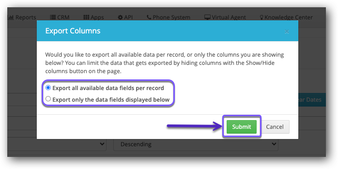 Export Columns Modal - Call Logs.png