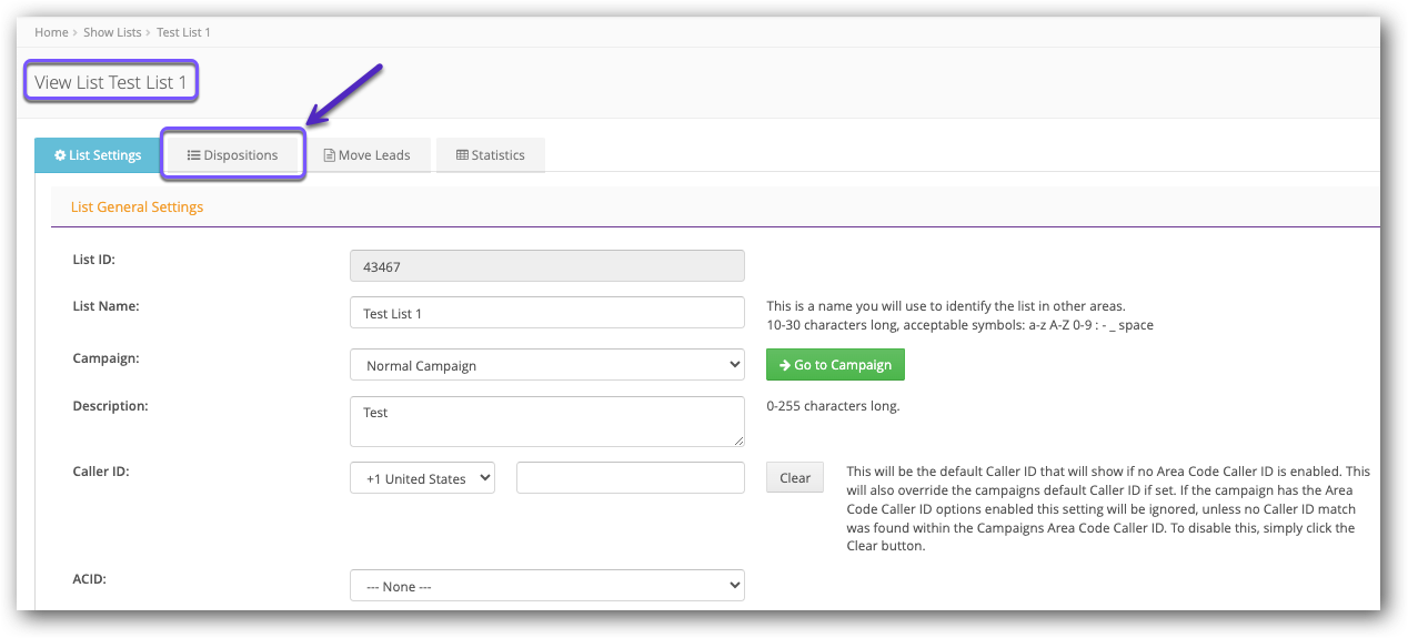 Click Dispositions tab - View List.png